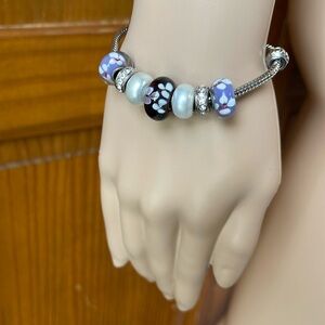Purple/Cream Glass beads and Crystal accents and Silver Chain with Extender